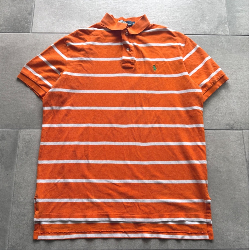 Polo Ralph Lauren Mens Orange White Striped Short Sleeve Polo Shirt Fitted L